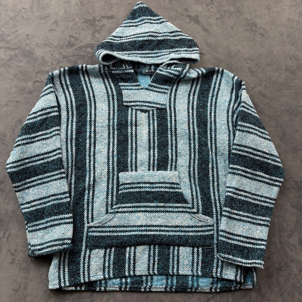 Unbranded Mexican Baja Hoodie Blue Striped Woven Pullover Poncho Drug Rug Large